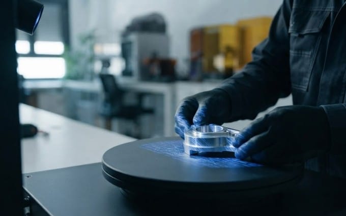 Técnico con guantes colocando pieza mecanizada de aluminio en plataforma giratoria de escáner 3D para ingeniería inversa