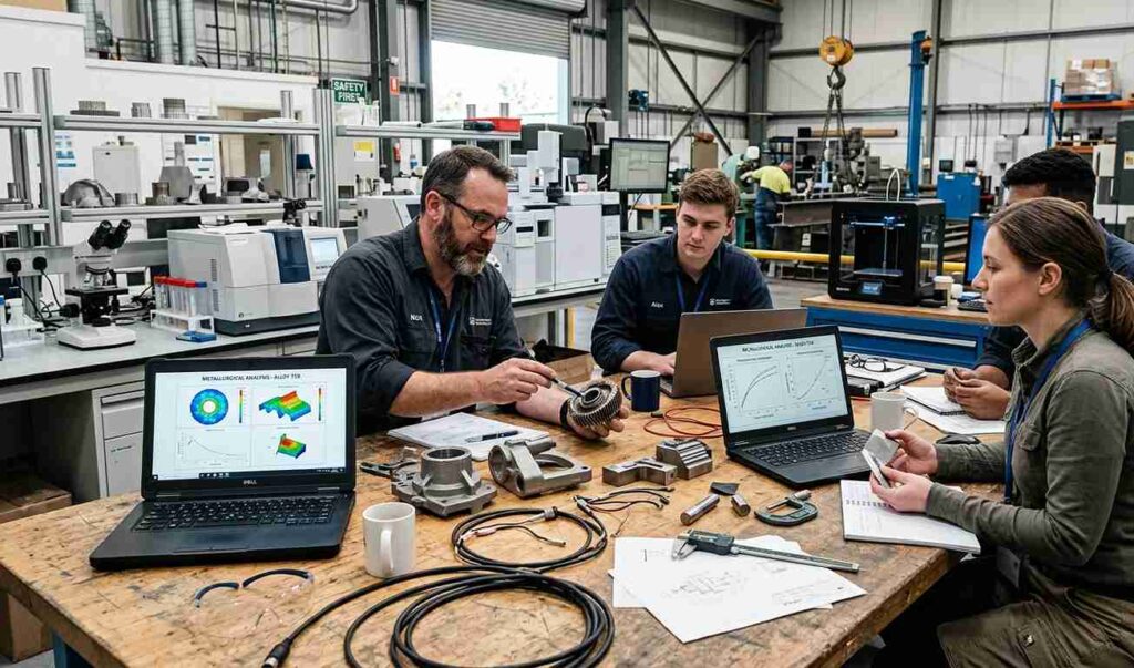 Equipo de ingeniería realizando consultoría industrial técnica mediante análisis de componentes y materiales en laboratorio