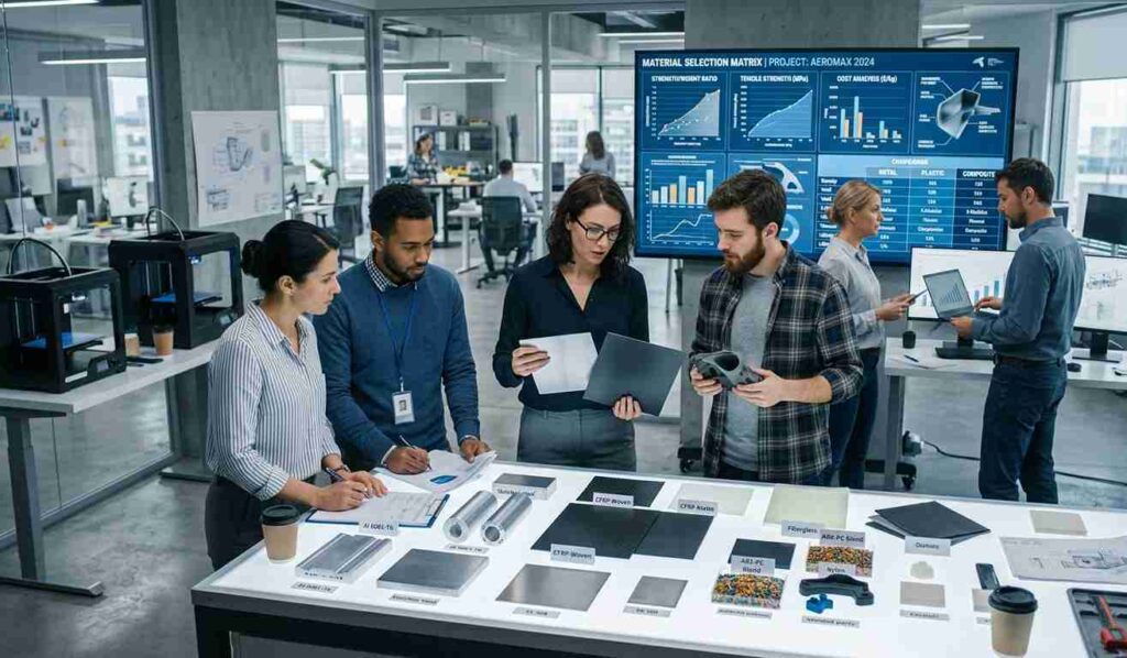 Equipo de ingeniería evaluando materiales y muestras en consultoría industrial técnica para desarrollo de producto.