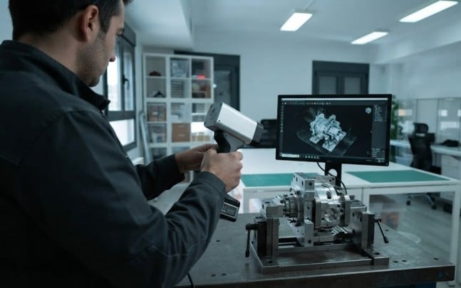 Técnico usando escáner 3D de mano para digitalizar componente mecánico complejo con nube de puntos en pantalla