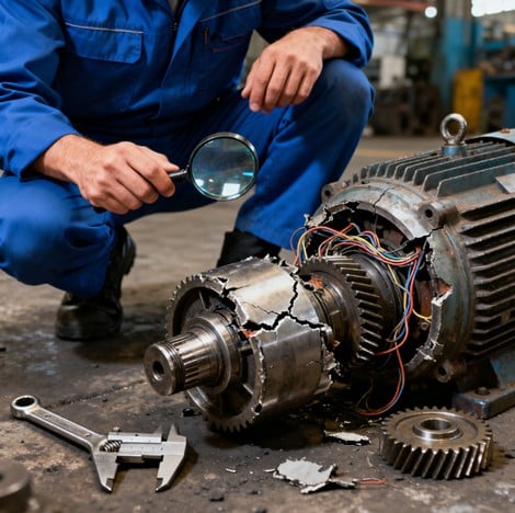 How to identify a material failure versus design or process errors Technician inspecting a broken industrial motor to determine a possible material failure or design issue