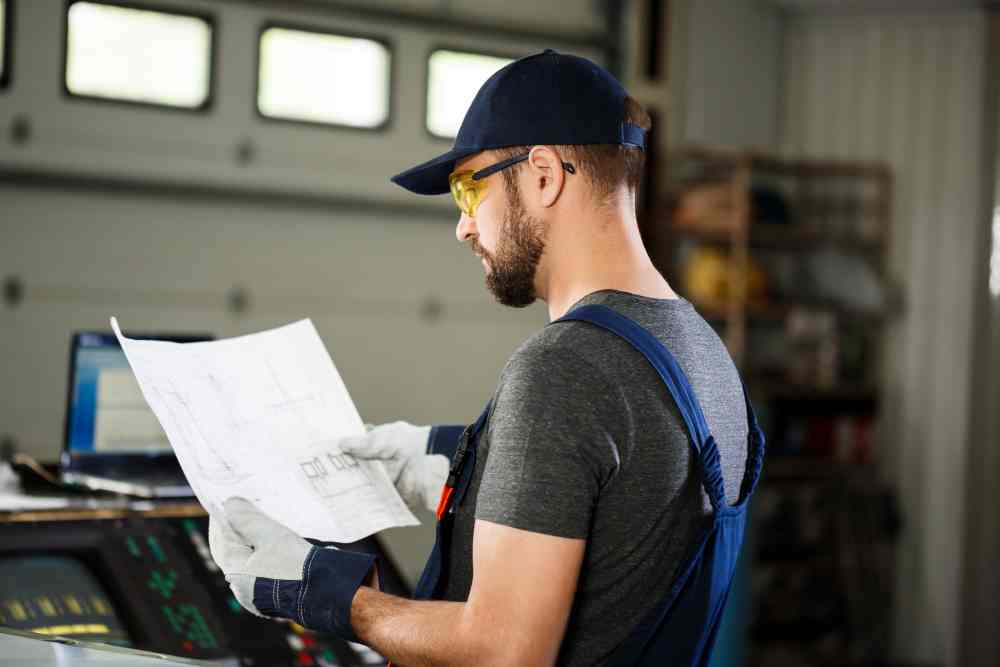 Engineer reviewing technical drawings to analyze a failure in industrial production
