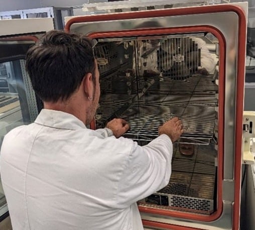 Technician performing thermal testing to validate causes in an industrial failure investigation