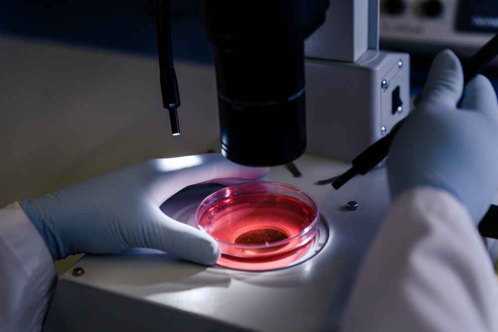 Microscopio analizando una muestra en placa de Petri para identificar un material en laboratorio