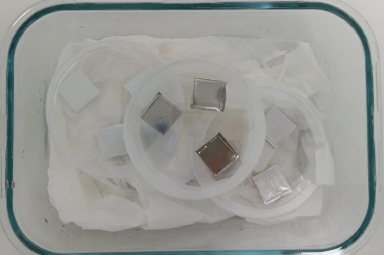 Muestras de materiales sometidas a ensayo microbiológico para evaluar actividad antimicrobiana durante un proceso de homologación de materiales