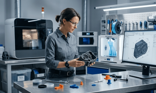 Fabricación de Producto Ingeniera examina una pieza impresa en 3D junto a impresoras y modelo CAD en pantalla