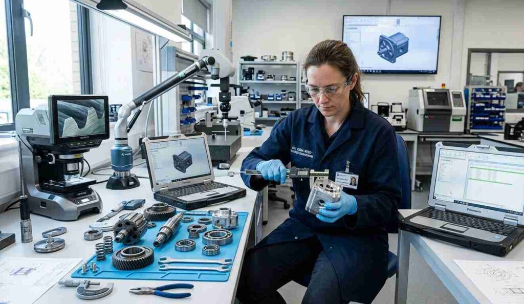 Ingeniero realizando ingeniería inversa y análisis de componentes para caracterización de materiales industriales