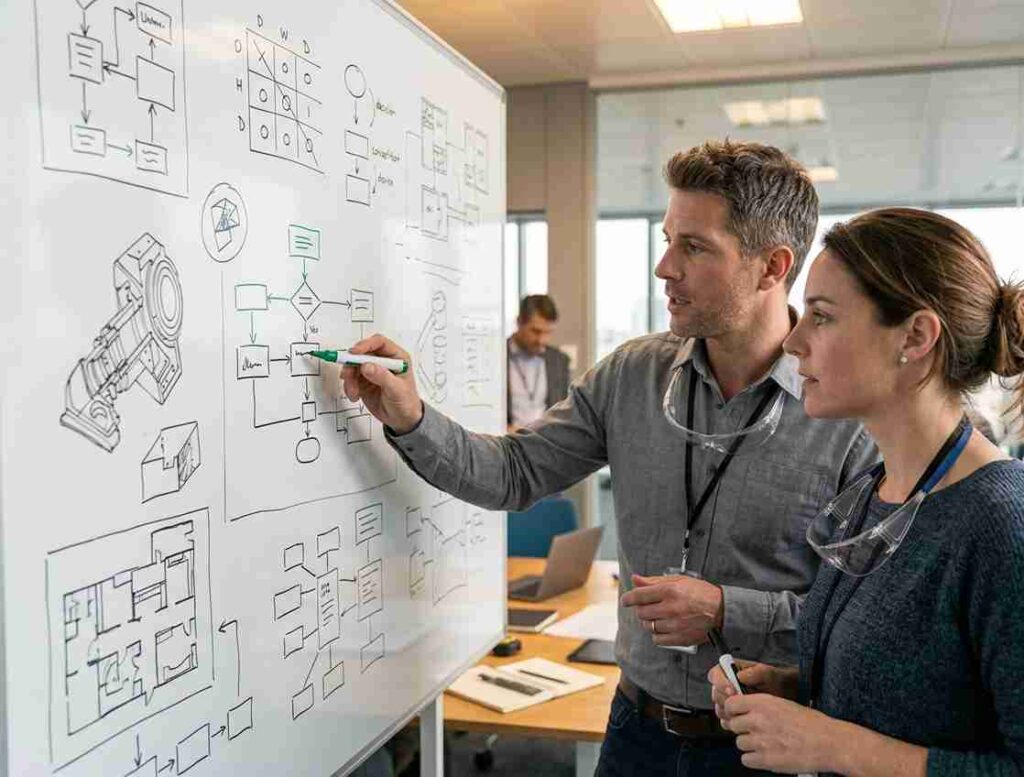 Dos ingenieros analizando bocetos técnicos en pizarra durante estudio previo de desarrollo de producto