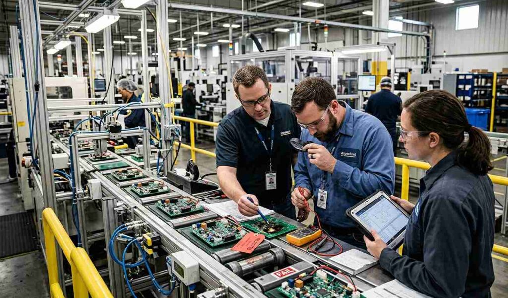 Equipo técnico revisando línea de producción para análisis de fallos industriales