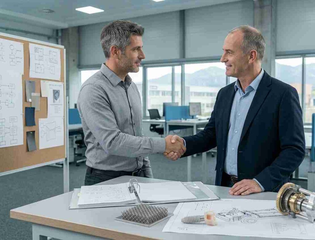 Dos profesionales cerrando acuerdo de consultoría técnica industrial tras estudio previo de producto.