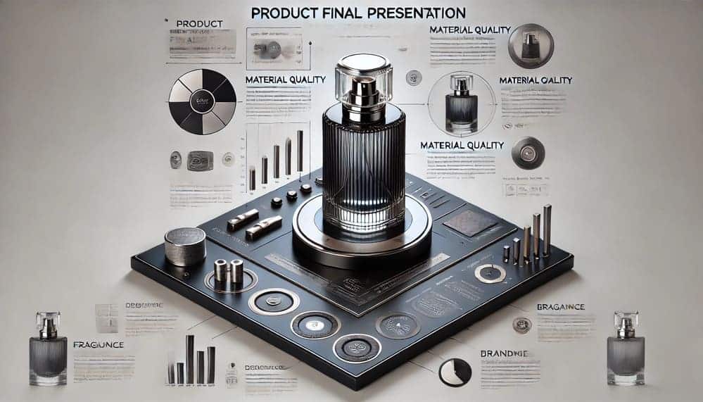 Presentación final de producto de envase premium con análisis de calidad de materiales y vistas de detalle