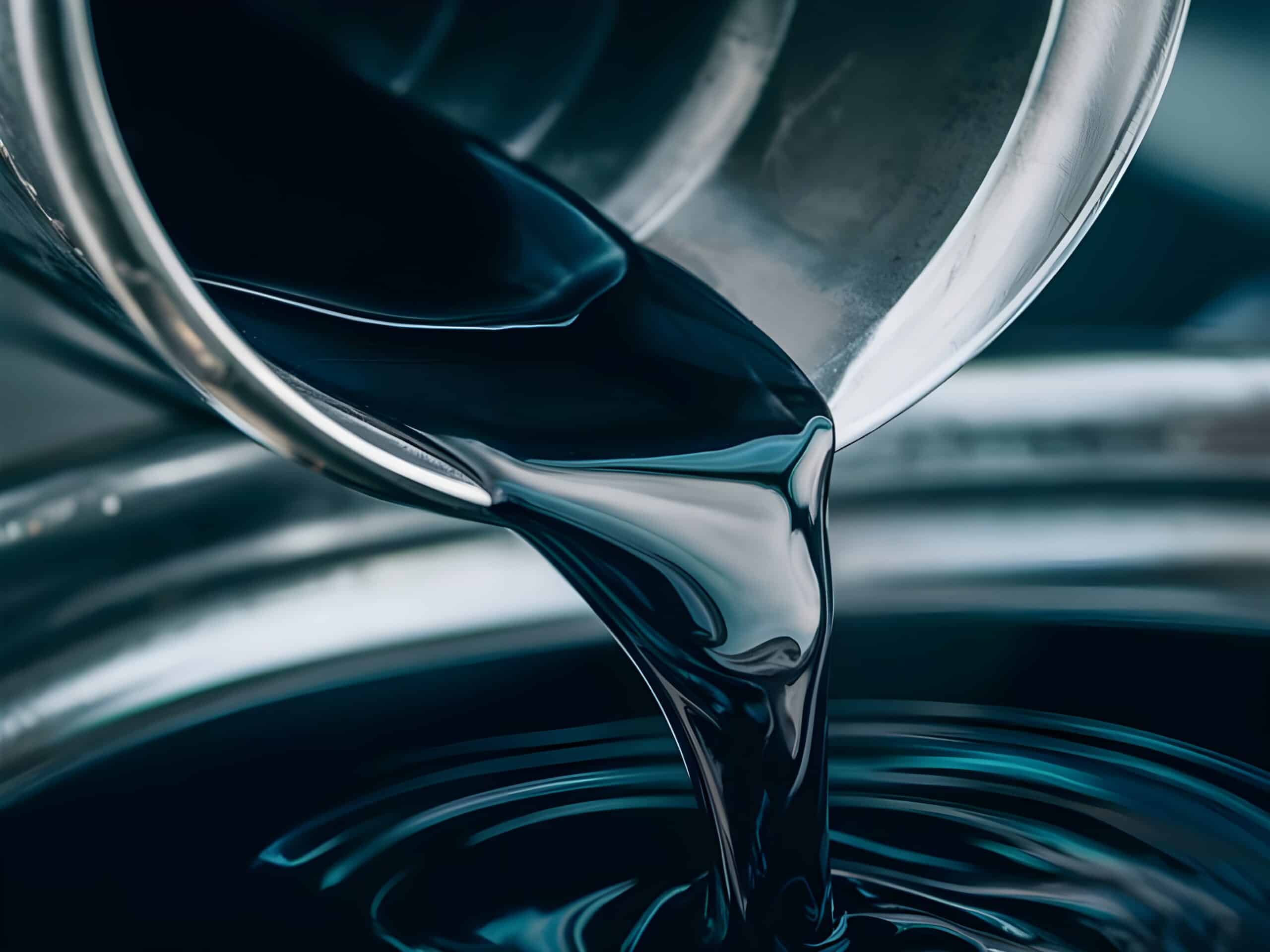 Analysis and evaluation of new and recycled industrial oils for the optimisation of production costs Industrial oil being poured into a container during laboratory testing to evaluate physicochemical properties.