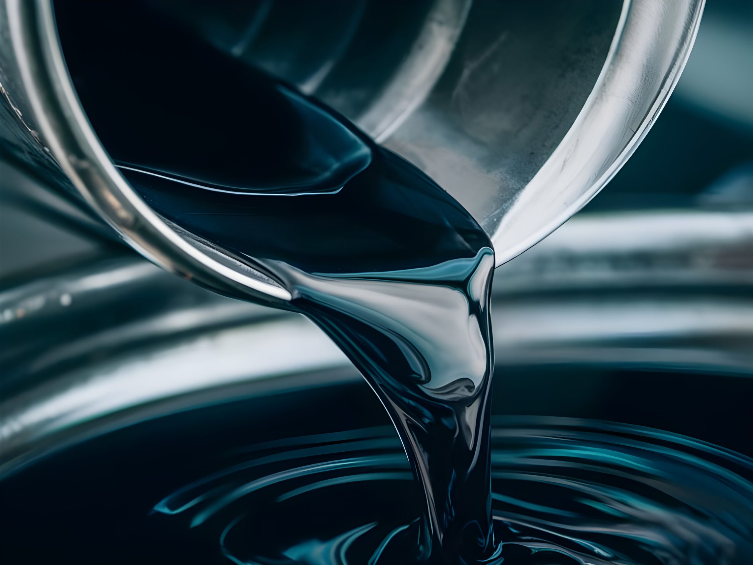 Análisis y evaluación de aceites industriales nuevos y reciclados para la optimización de costes en producción Aceite industrial vertido en recipiente durante ensayo de laboratorio para evaluar sus propiedades fisicoquímicas.