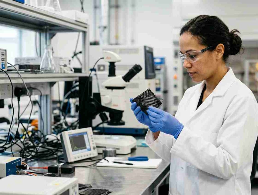 Ingeniera examina una muestra de composite de fibra de carbono como material avanzado
